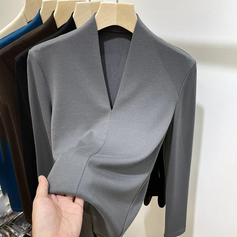 Autumn Winter New Fashion V-neck Long Sleeve Solid T-Shirts Women Korean Style Solid Color Slim Fit Bottom Shirt Casual Warm Top