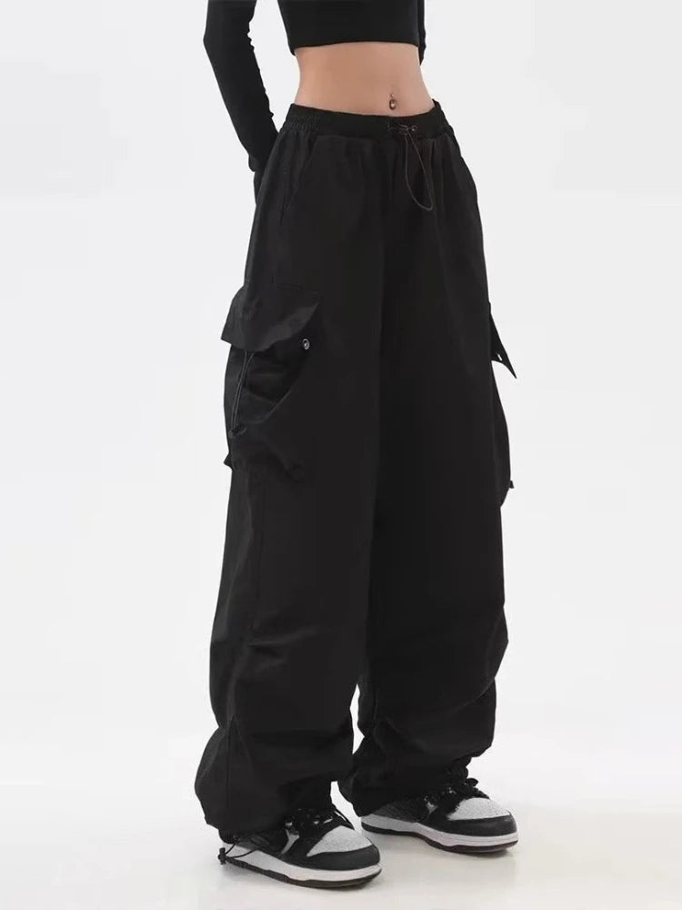 Japanese Retro Street Dance Black Drawstring Wide Leg Casual Pocket Sports Pants WomenTrendy Hip Hop Floor Length Pants Spring
