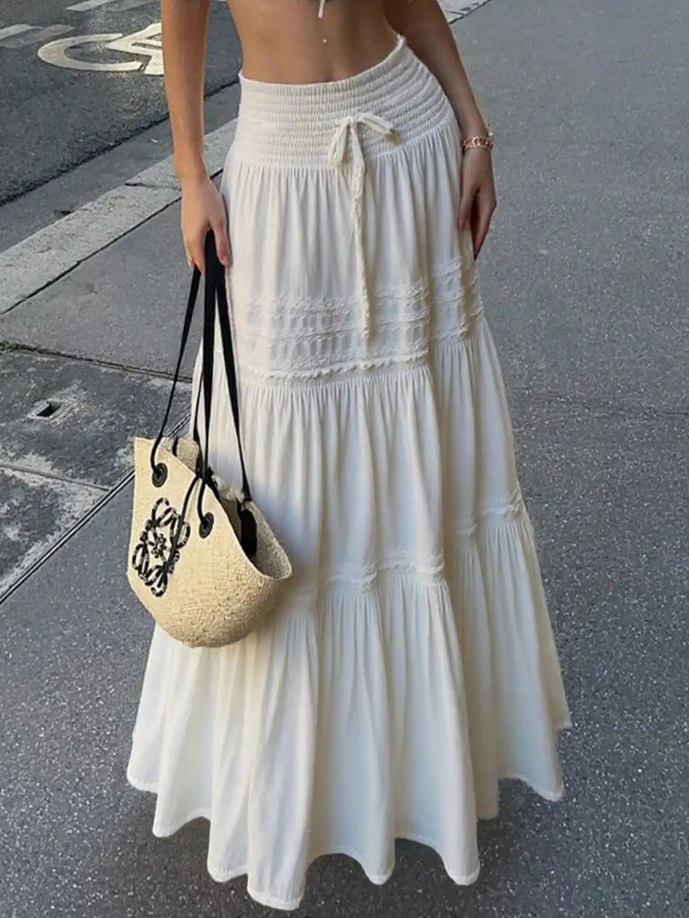 Women's High Waisted White Lace Patchwork Maxi Bubble Skirt Boho Style Suitable For Music Festivals Concerts Coachella Parties