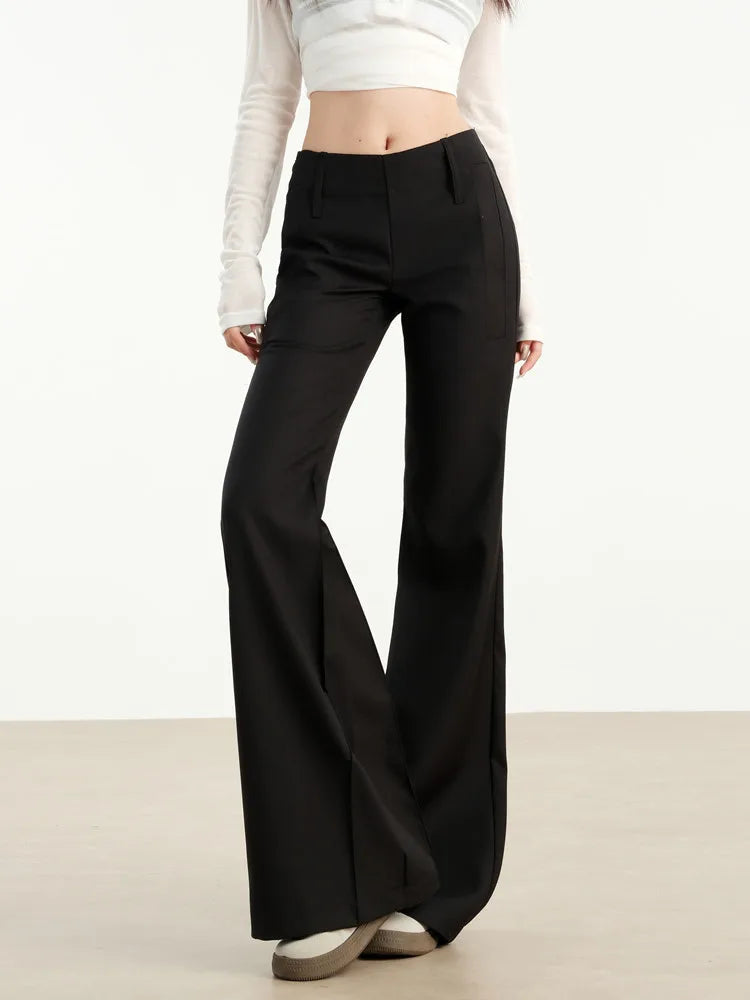 Low Rise Black Flare Pants Women Autumn Winter Korean Fashion Elegant Slim Fit Suit Trousers