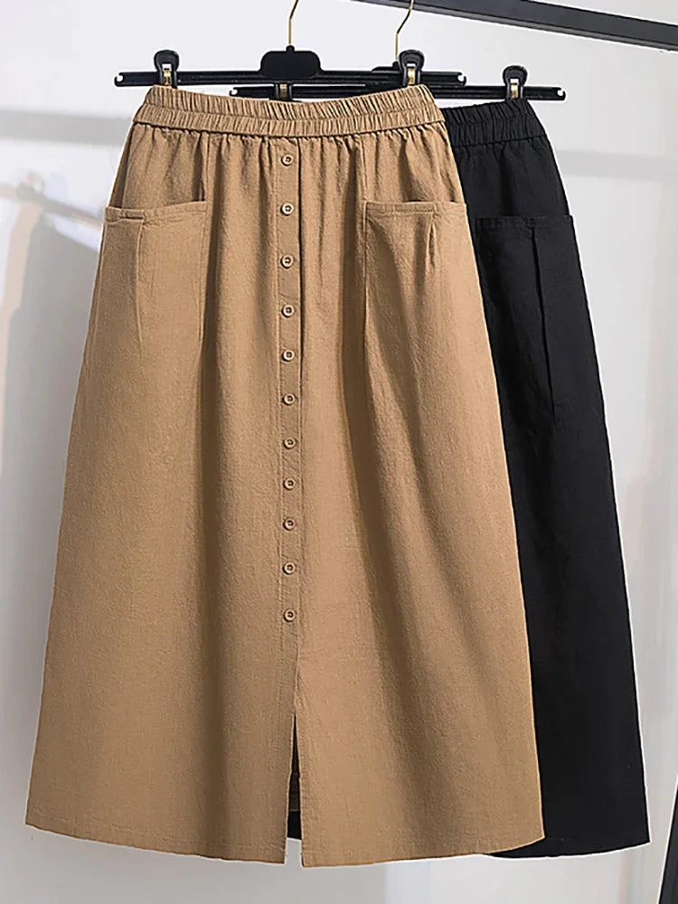 2025 Solid Elastic Waist Button Cotton Skirt, Vintage Pocket Midi Skirt ForSpring & Fall, Women's Clothing Plus Size Khaki Black