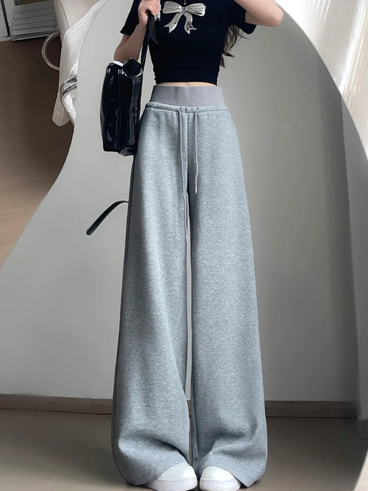 Casual Women Loose Sweatpants Vintage Korean High Waist Lace Up Straight Trousers Fall New Female Simple Solid Wide Leg Pants