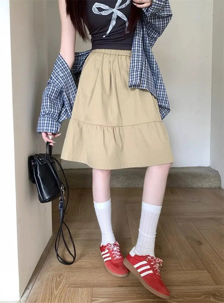 2025 New Summer Sweet Skirts Fashion Women Solid Elastic High Waist Korean Pleated Dress Casual Office Lady Commute Mid Skirt