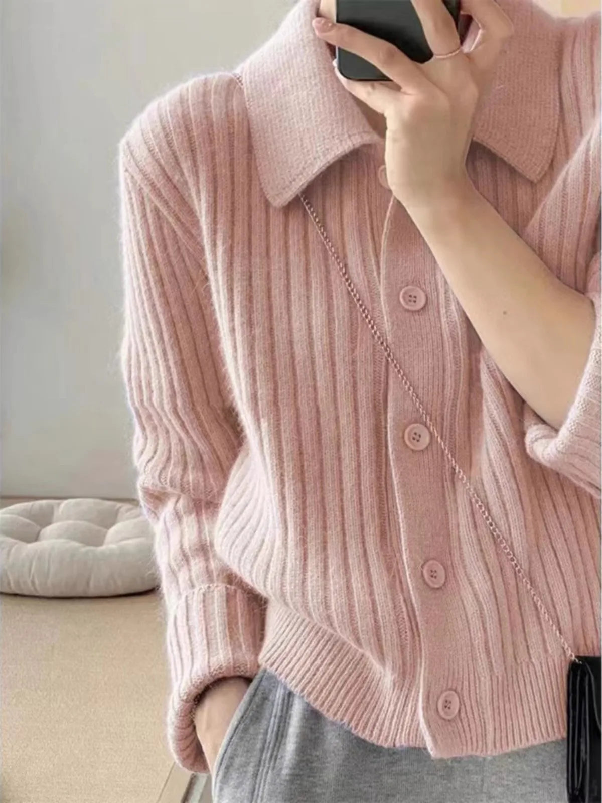 Temperament lapel 100 pure cashmere knit cardigan blouse autumn and winter loose sweater wool coat