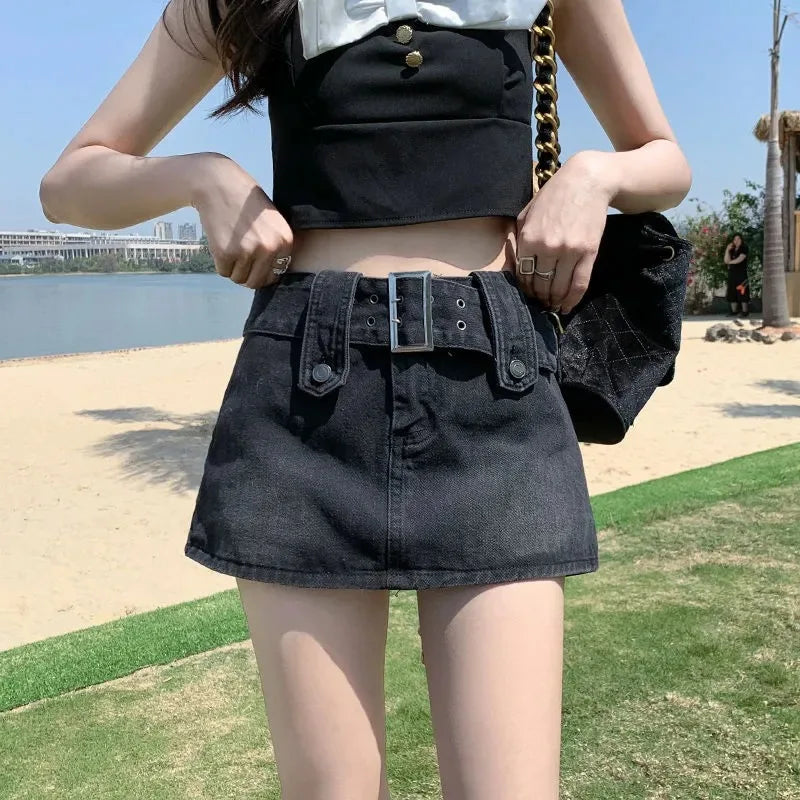 Summer New Denim Mini Skirt Women's High Waist Wide Waistband Skirt Black Blue Y2K Style Washed Denim Skirt 2000S