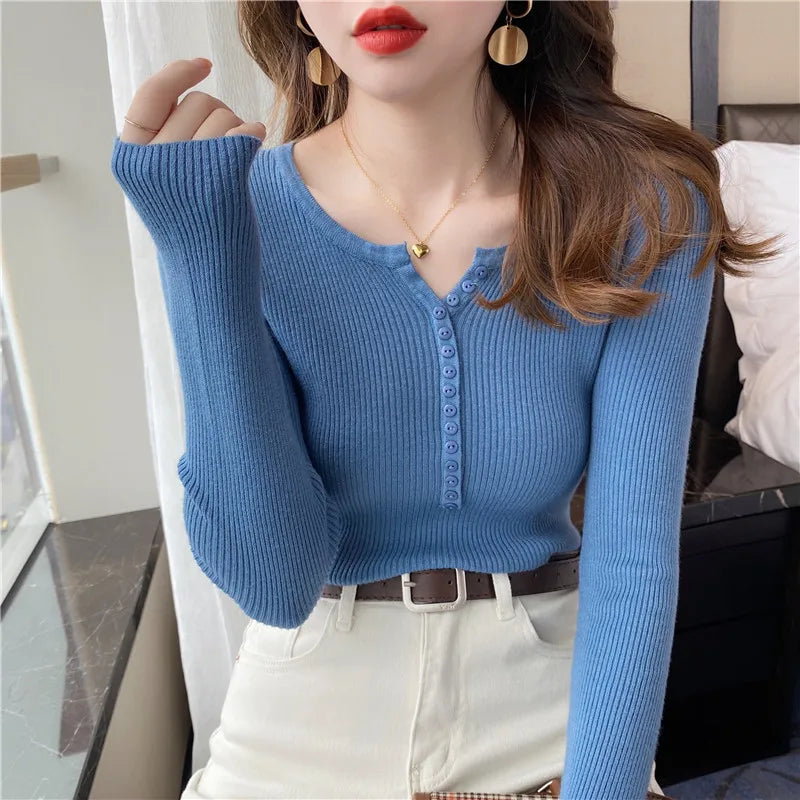 Long Sleeve Elastic Skinny Knitted Shirt Women Pullover Sweater Tops Spring Autumn Female Slim Knit Bottoming Shirts Knitwear