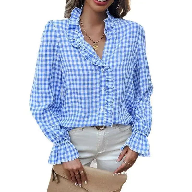 Women's Shirt Elegant Office Plaid Print Long Sleeve Ladies Top Fashion Ruched Stand Collar Single Breasted Causal Simple Shirts
