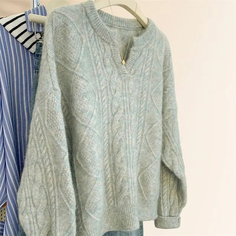 Women's V Neck Cable Knit Sweater Winter Loose Fit Pullover Casual Solid Color Tops Korean Style Cozy Warm