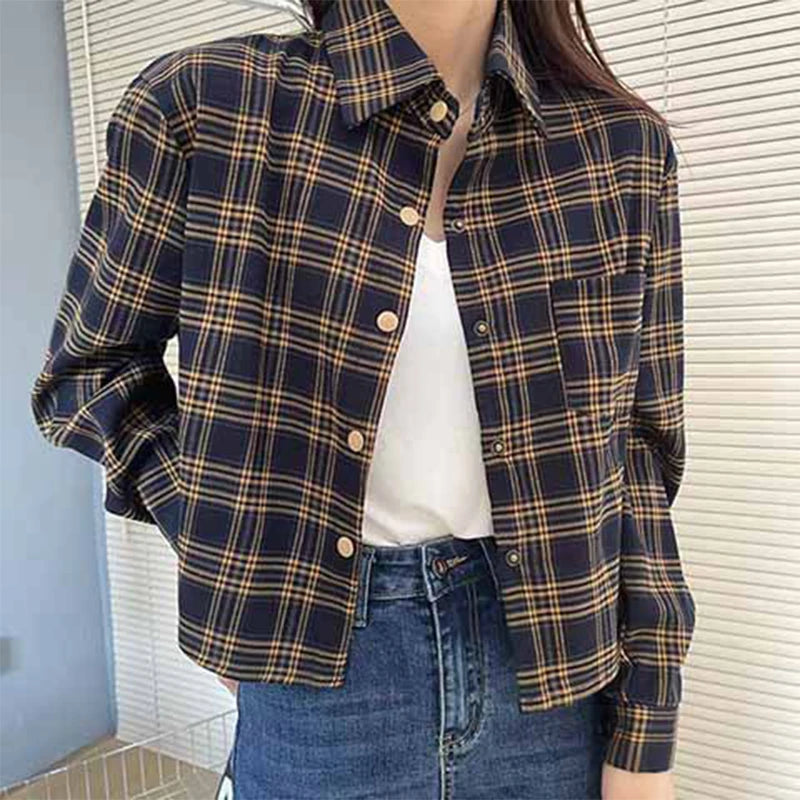 2025 Retro Plaid Short Shirts Women Spring Autumn Button Up Long Sleeve Shits for Woman Casual Turn Down Collar Outwear Ladies