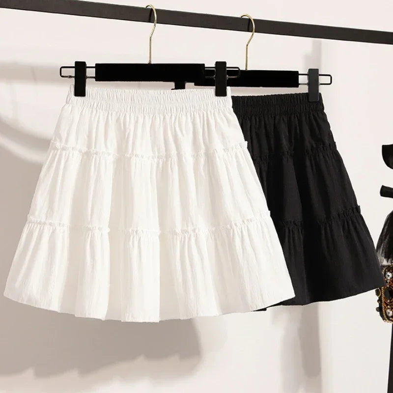 Fashion High Waist A-Line Big Size Mini Skirt Summer Women College Fashion Simple Commute Ballet Style White Cake Short Skirt