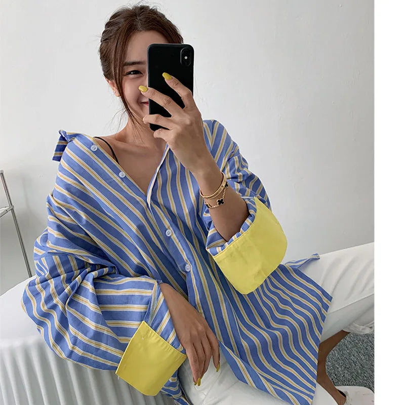Spring and Autumn Korean Version of New Striped Loose Shirt, Women's Fashion Spell Color Mid-length Casual Patchwork Shirt Top