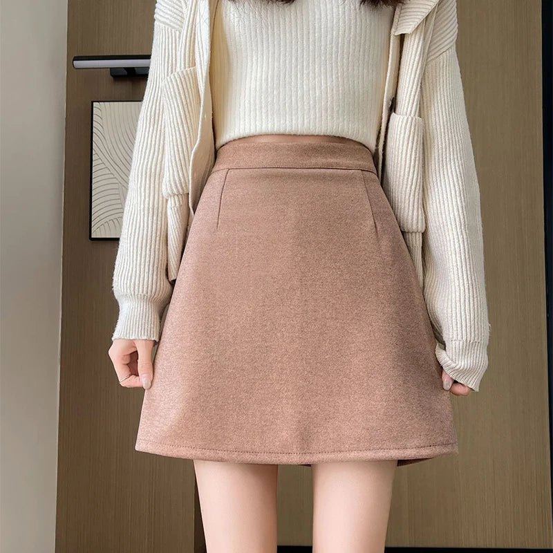 Autumn Winter Anti-Exposure Woolen Mini Skirt Women Korean College Style Short Skirts New Thicken Warm High Waist A-Line Skirt
