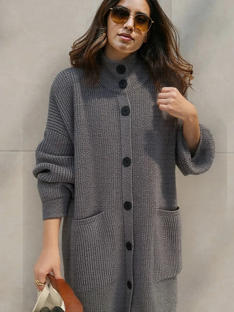 New Fashion Knitted Cardigan Turtleneck Sweater Women Autumn Winter Buttons Long Sleeve Long Sweater Women Loose Sweaters Coat