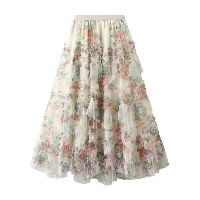 French Irregular Skirts Patchwork Women Floral Mesh A-Line Skirt  Court Style Streetwear High Waist Casual Daily Spring Summer