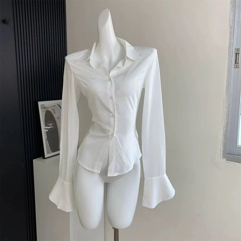 Fashion Lace Up Women Shirts Korean Slim Bell Sleeve White Blouse Spring New Streetwear All Match Ladies Button Tops