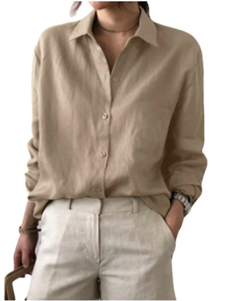 Classic Solid Color Shirt Women's Button Long Sleeve V Neck Blouse Elegant Spring Autumn Top