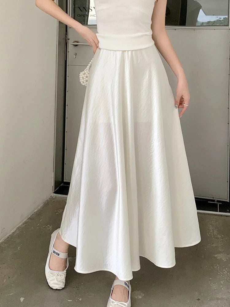 2025 Autumn Satin Half-Body Skirt Female New Korean Fashion Temperament Elegant Solid Casual A-line Skirts