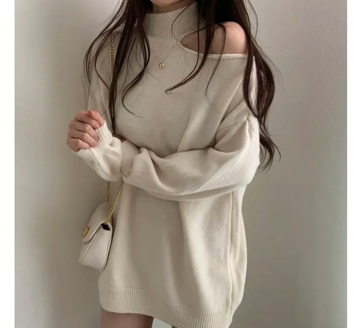 Trendy Loose High Collar Knitwear Top Women's Base Layer Irt Autumn Winter New Sle Oulder Bared Korean Version Outerwear 2025