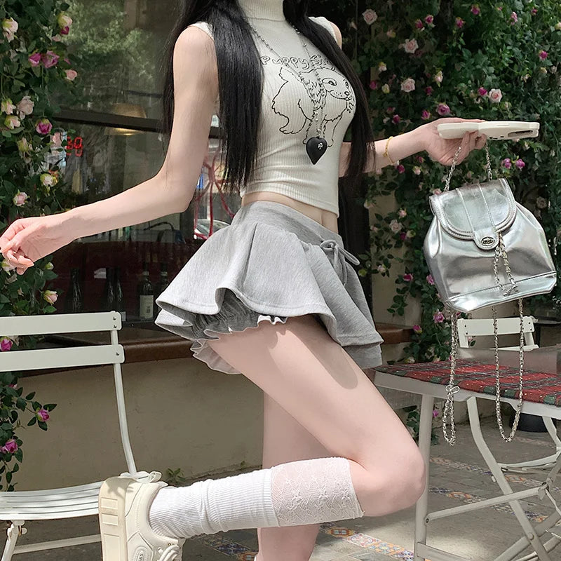 2025 Sweet Ballet-style Grey Drawstring Skirt Women Korean Fashion Shorts Skirt Female Sexy Black Mini Streetwear Faldas Y2k