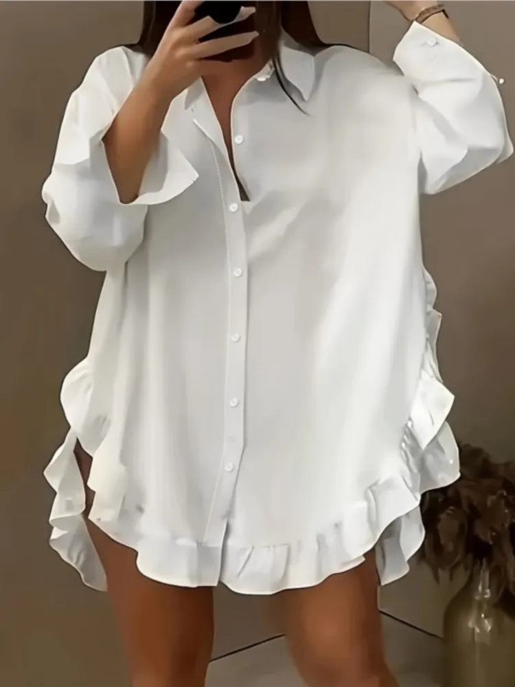 New Solid Mini Party Prom White Mini Dresses Women Falbala Lapel Long Sleeve Casual Shirts Casual Vintage Blouses