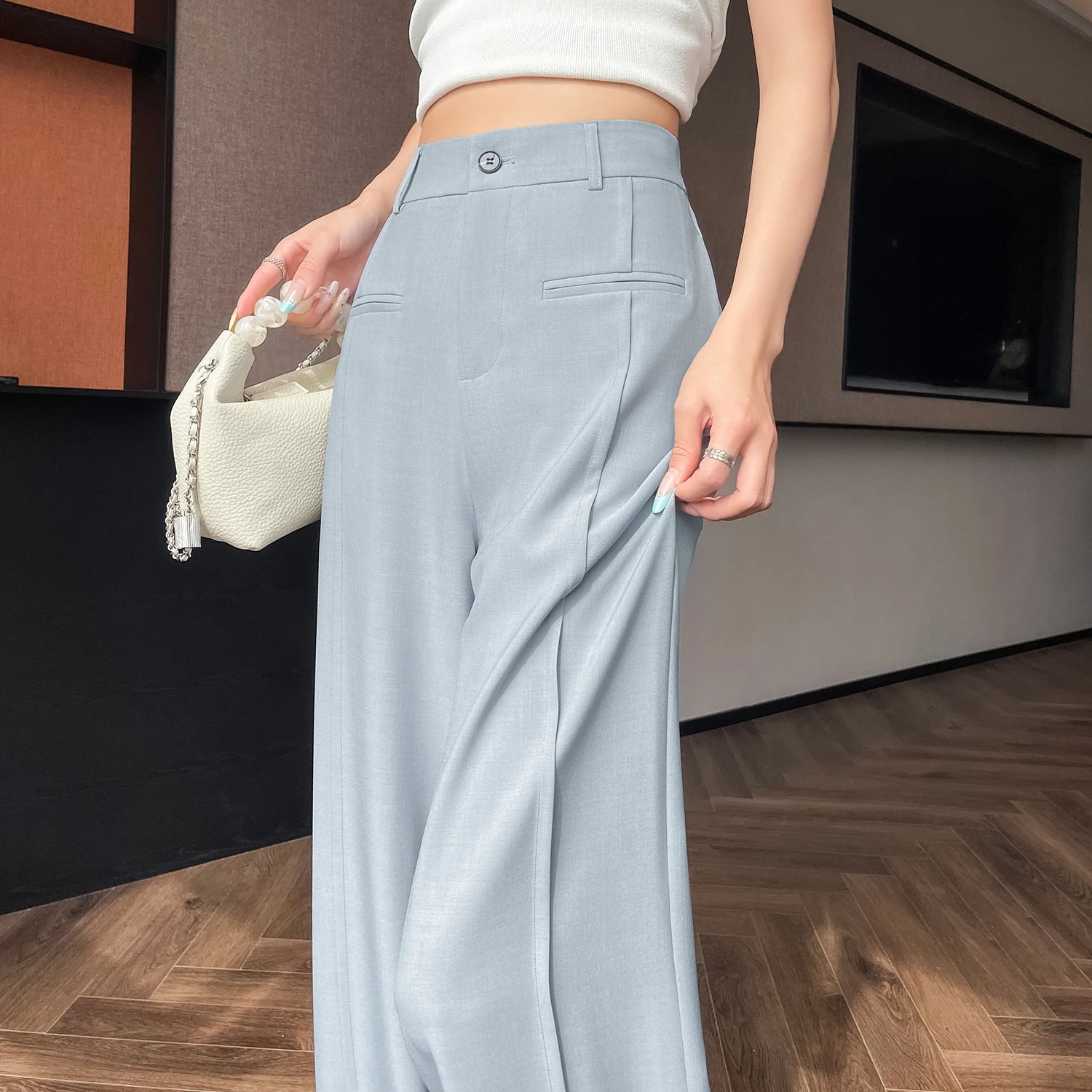 2025 New High Waist Suit Wide Leg Women's Full Length Pants Spring Summer Blue Elegant Minimalism Straight Loose Trousers Female