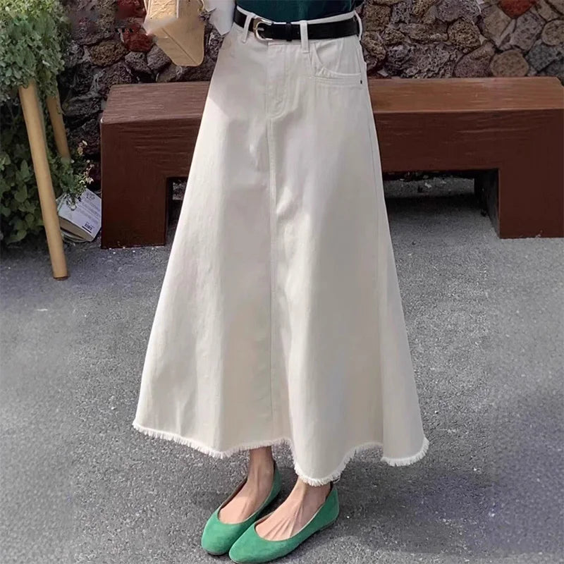Fashion Beige Long Denim Skirts for Women 2025 Spring Autumn High Waist Skirt Woman Casual Loose Zipper Up Skirts Female