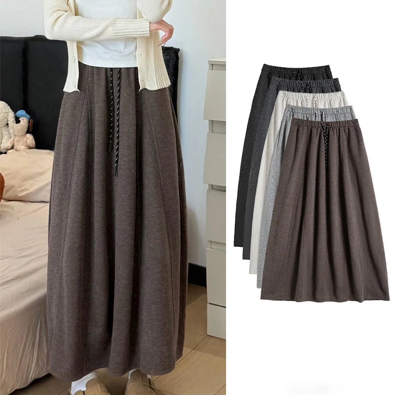 High Waist Drawstring Puffer Long Skirt Women Autumn Winter Warm Knitted Midi Skirts Woman Korean Streetwear Baggy Maxi Skirts