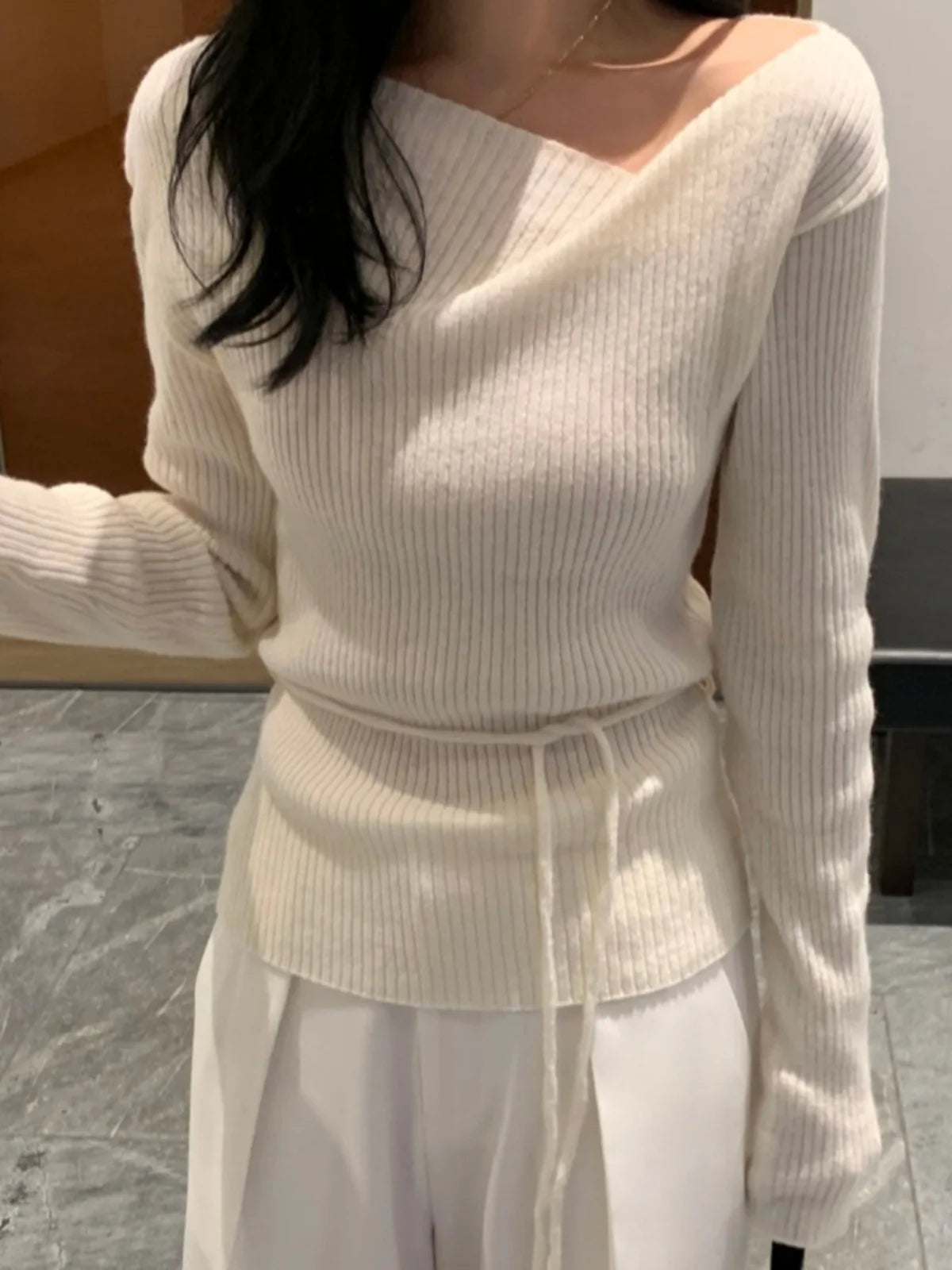 Chic V-Ne Long Sve Knitted Sweater Women's Sle Korean Faion Slim Fit Belted Design High-End Feelings ort Length Top