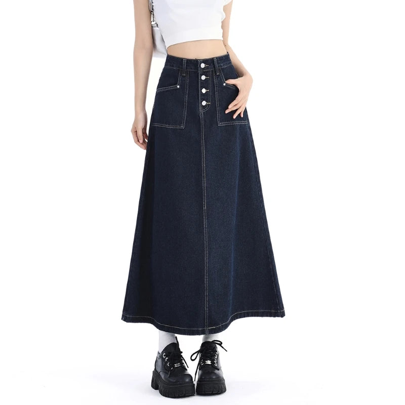 High Waist Denim Skirt Women Autumn 2024 New Arrival Single Buttons Long Skirt Women Korean Style Casual Jeans Skirts Womens