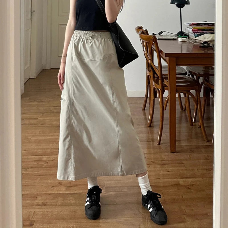 American Retro Cargo Skirt for Women Summer Drawstring Design High Waist Mid-Length Skirt Woman Y2K Streetwear Pocket Skirts