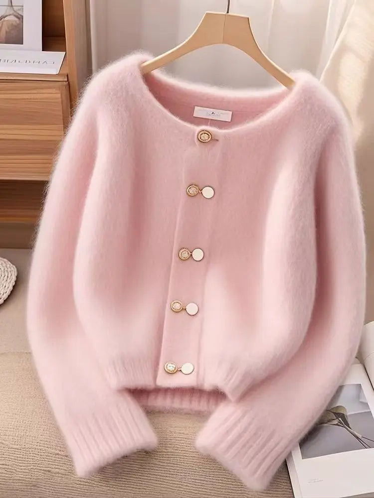 New Autumn Winter Sweater Cardigan Women Fashion Casual Pink Round Neck Loose Thick Warm Knitwear Ladies Sweater Female Top