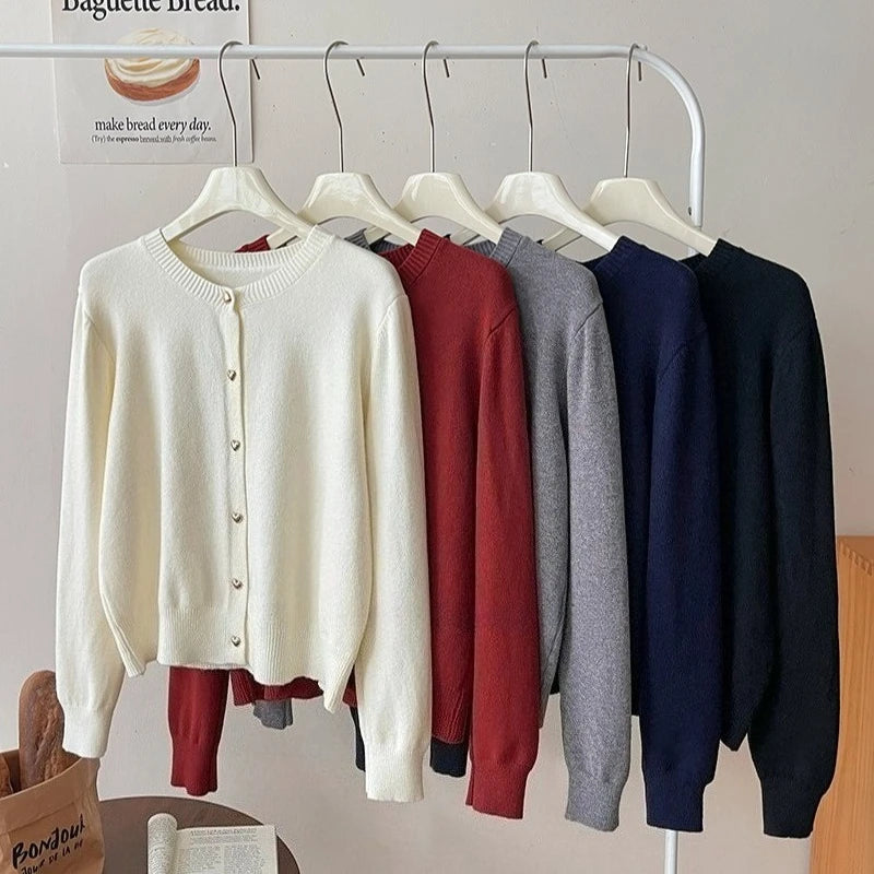 2025 Autumn Winter New Women's Retro Love Small Gold Buckle Cardigan Female Casual Solid Long Sleeve Slim Knitted Sweater