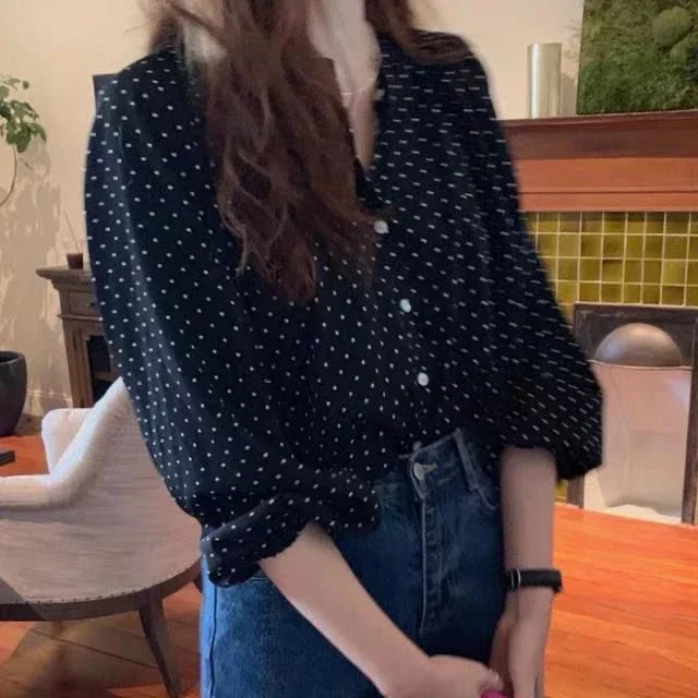 Spring Retro Polka Dot French Chiffon Shirt Shirt 2025 Long-sleeved Loose Top New Style