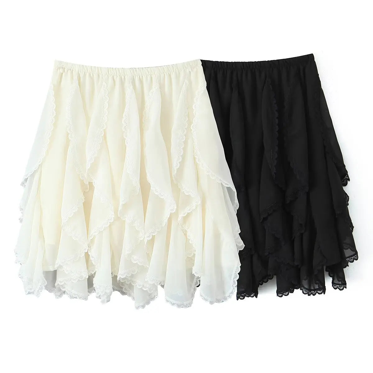 Kawaii Black Mini Skirts Women Summer 2025 Japanese Y2k Fashion Ruched Skirts Vintage Clothes Kawaii Ruffle Skirts Lace Trim