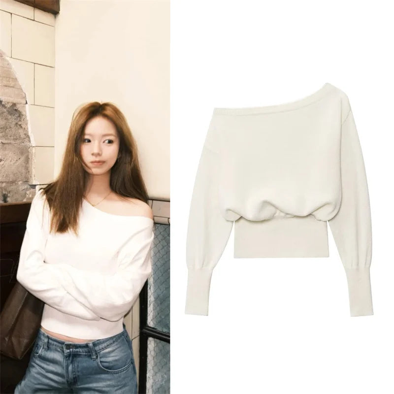Women's sweater 2025 new American off-the-shoulder loose slim one-shoulder sweater spring and autumn fashion irregular top