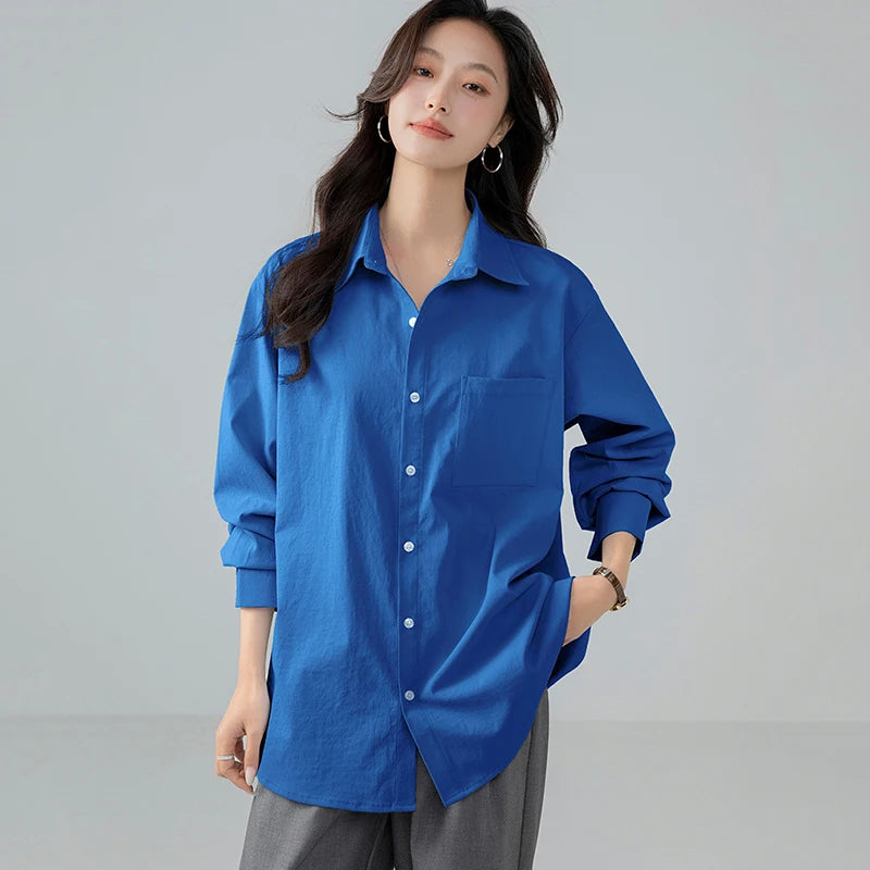 Korean Long Sleeve Blue Shirts for Women Apring Autumn Turn Down Collar Pocket Blouses Woman Button Up Loose Office Shirt Ladies