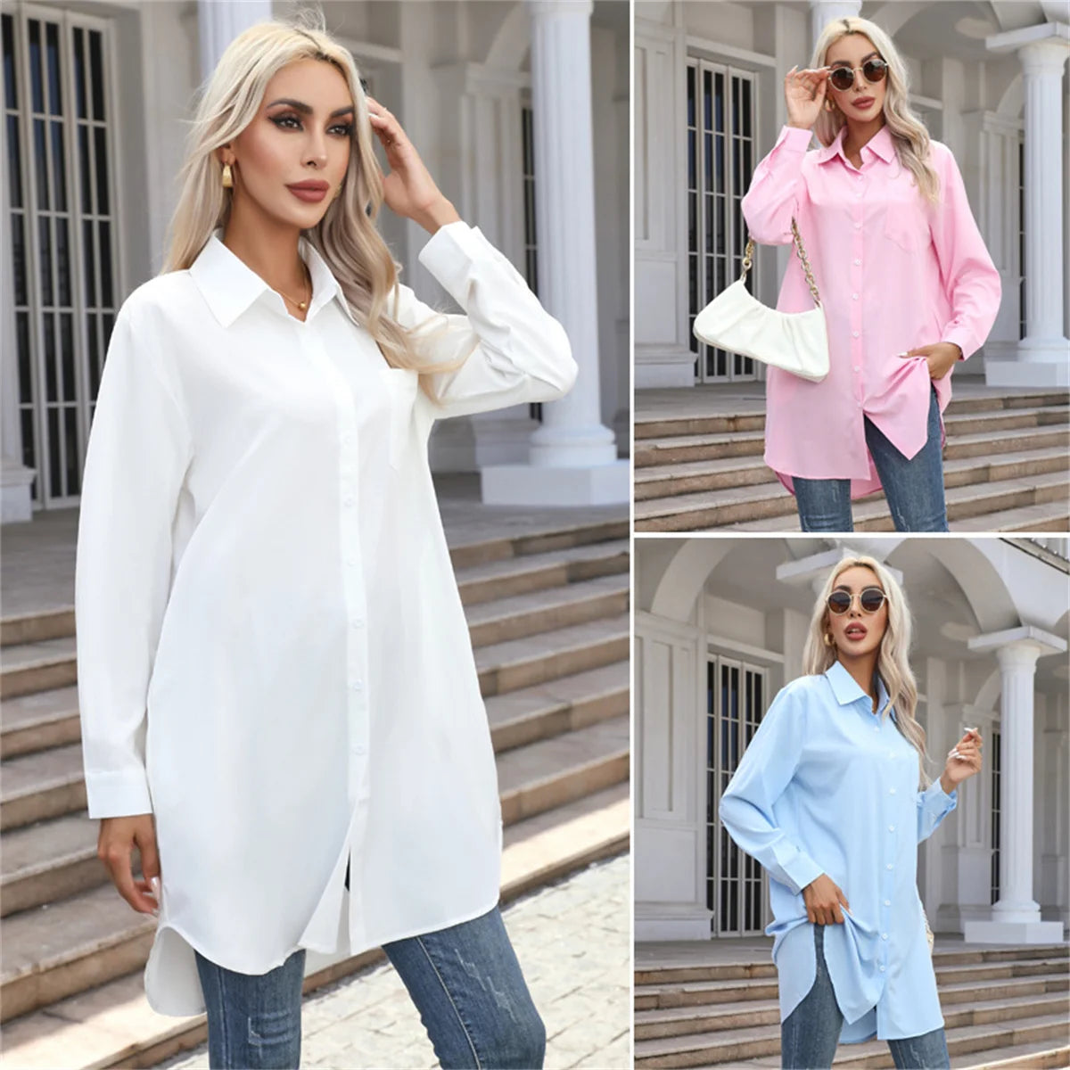 Women Fashion Casual Solid Shirts 2025 Autumn Spring Chic Long Sleeve Top Single Breasted Medium Length Shirt Office Lady Blouse