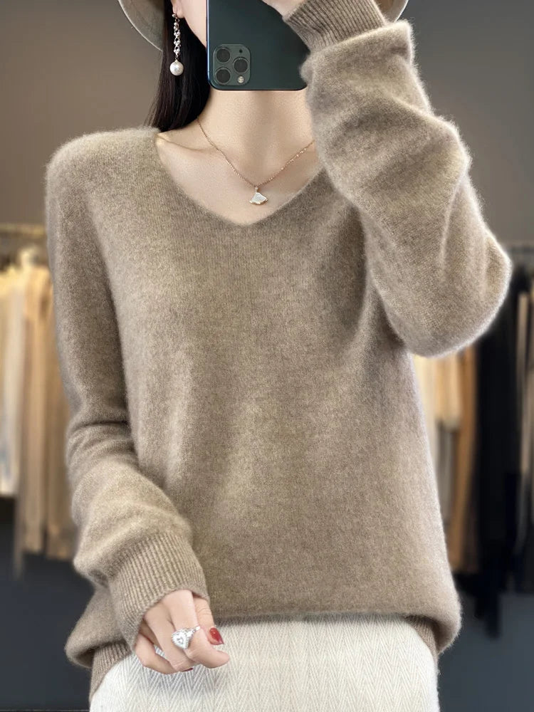 Fashion Basic Autumn Winter Merino Wool Sweater V-Neck Cashmere Pullover Solid Color Soft Long Sleeve Basic Clothing Tops