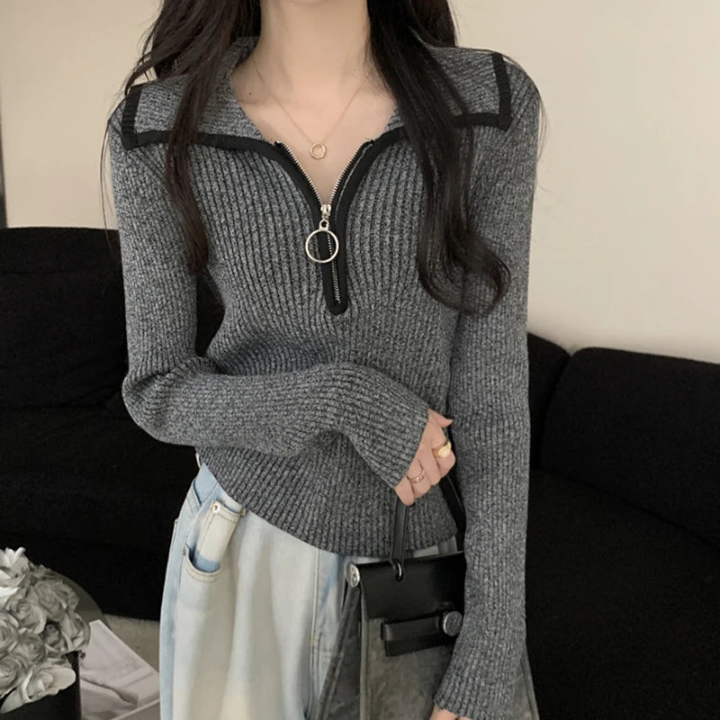 Turn Down Collar Long Sleeve Knitted Sweater Women 2025 Autumn Winter New Slim Zipper Pullover Tops Female