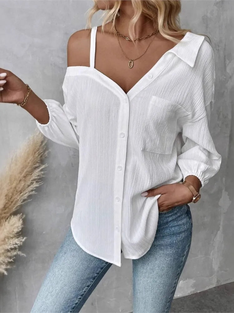 Women Solid Shirt Sexy V Neck Off Shoulder White Shirts Tops Lady Fashion Pockets Button Office Top Womens Clothing Summer New