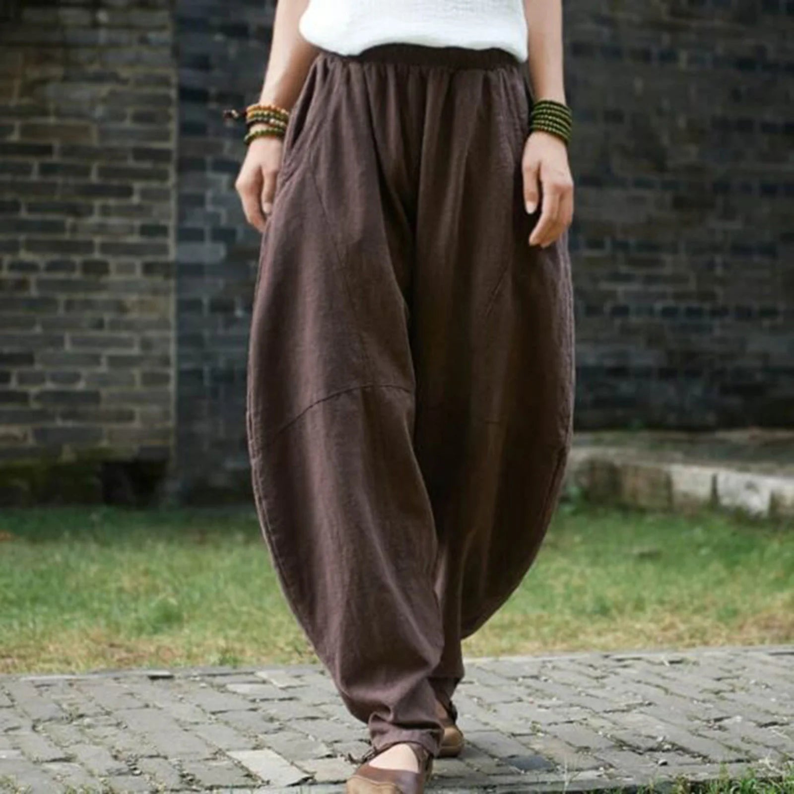 Cotton Linen Loose Fitting Women Casual Cargo Pants Solid Baggy Pants Woman Trousers