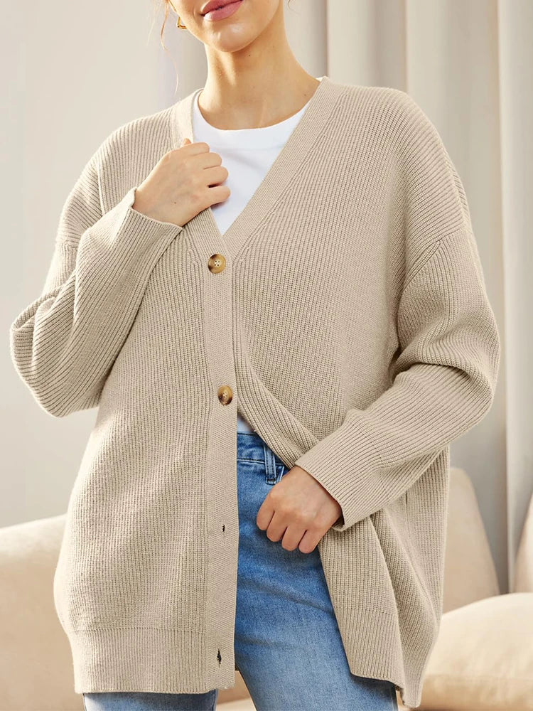Women's V-Neck Knitwear Cardigan Jumper Solid Color Simple Versatile Autumn Winter New Style Button Detail Knitted Sweater