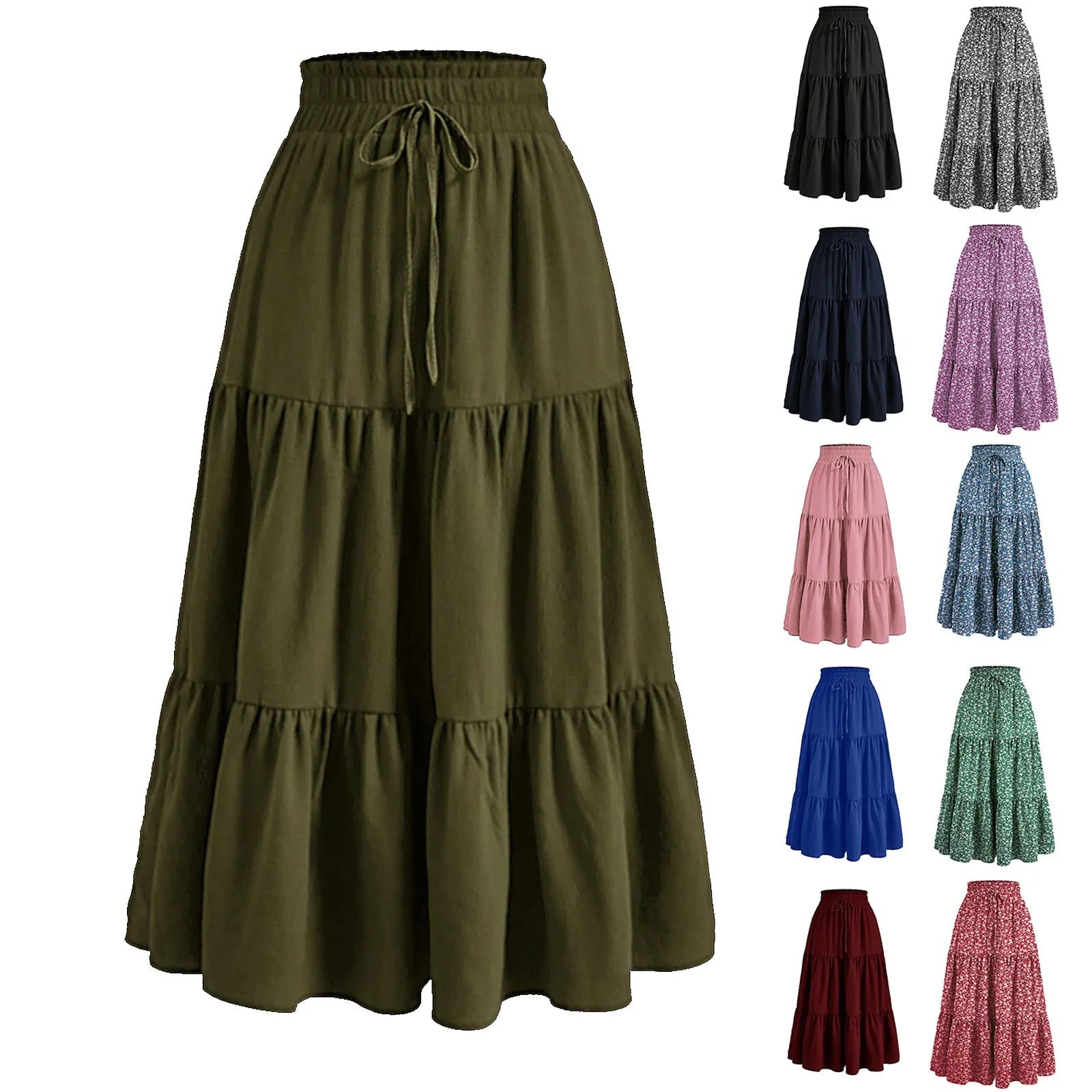 Fashion Retro Long Skirts With Pockets Women Spring Summer Holiday Casual Elastic High Waist Lace-up Loose Skirts