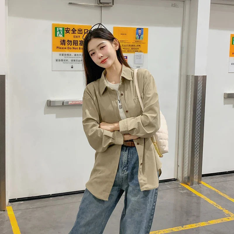 Women' Long Sleeve Shirt Spring Autumn Harajuku Loose All-Match Lapel Shirts Basic Solid Color Single Breasted Blouses Woman